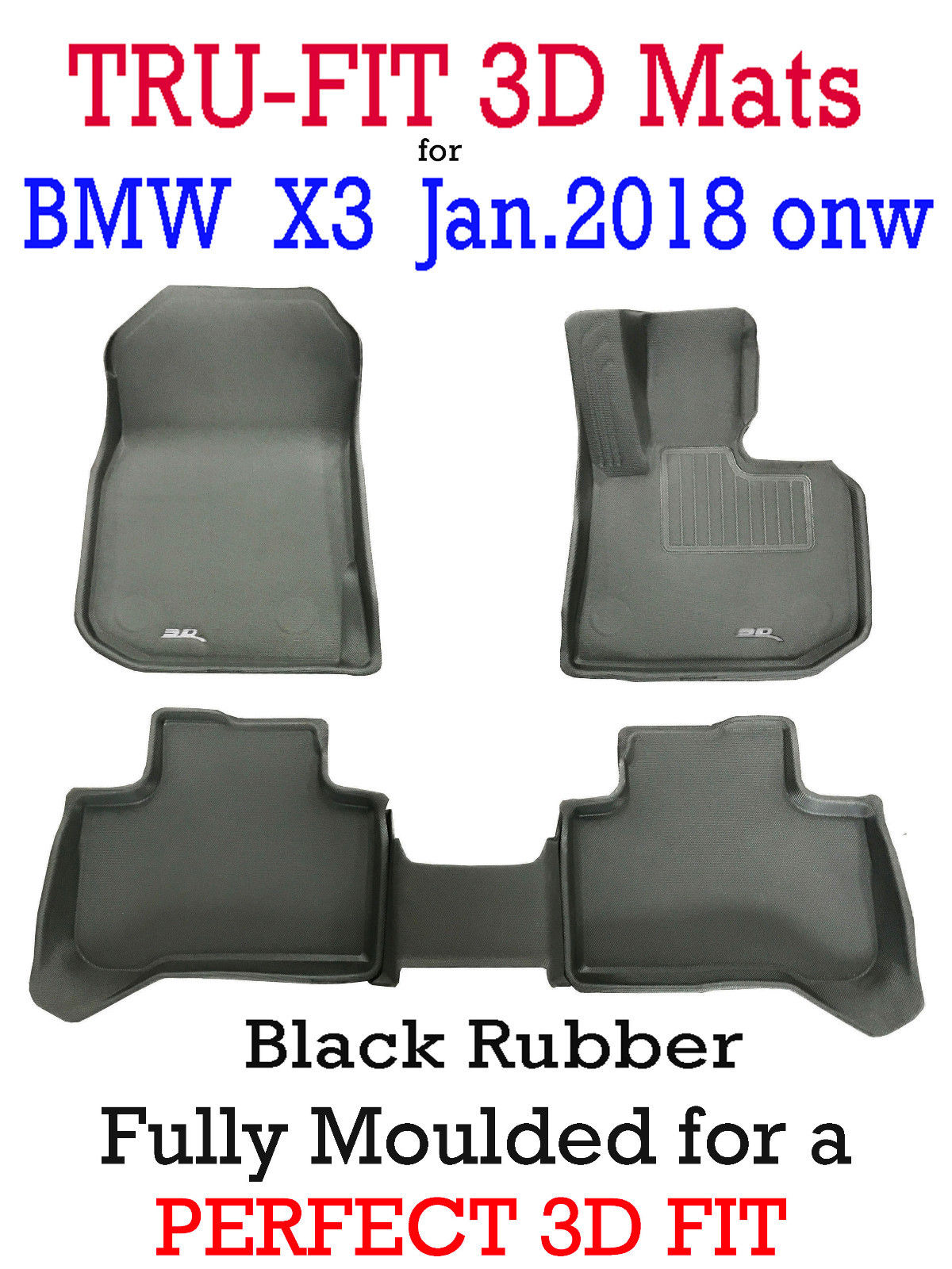 Suits BMW X3 2018 2019 Genuine 3D Black Rubber Car Floor Mats Kagu
